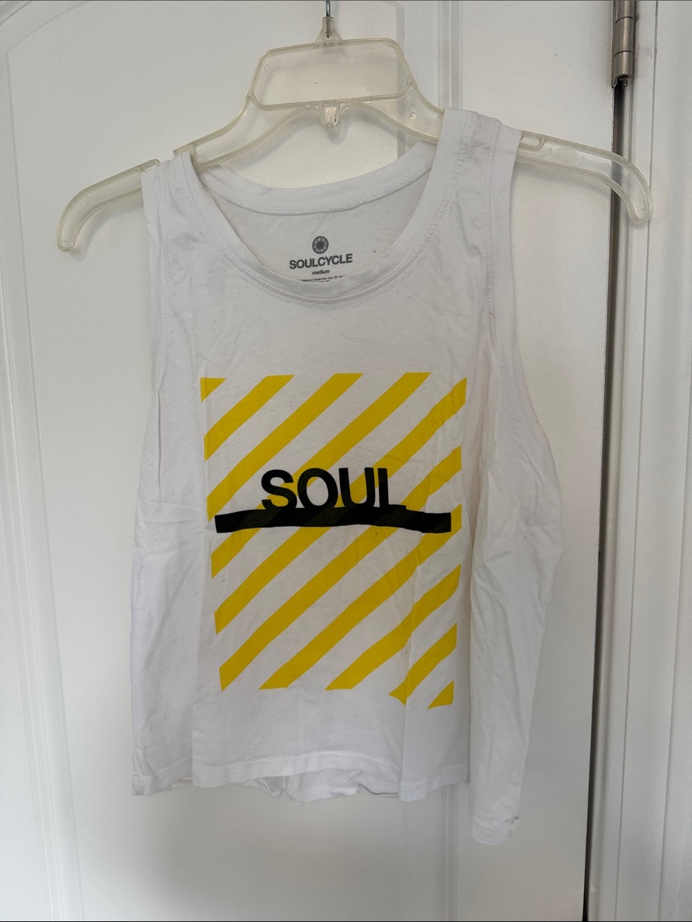soulcycle White Tank Top with Yellow Stripe Graphic